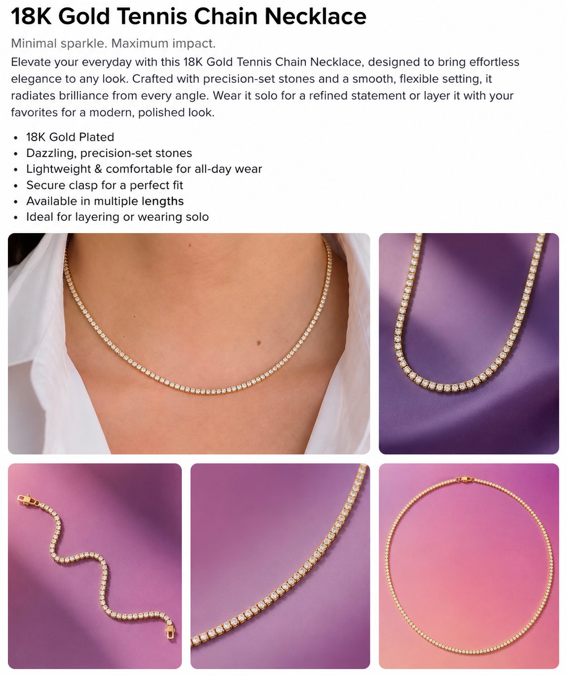 18K Gold Tennis Chain Necklace (18K Gold Plated)